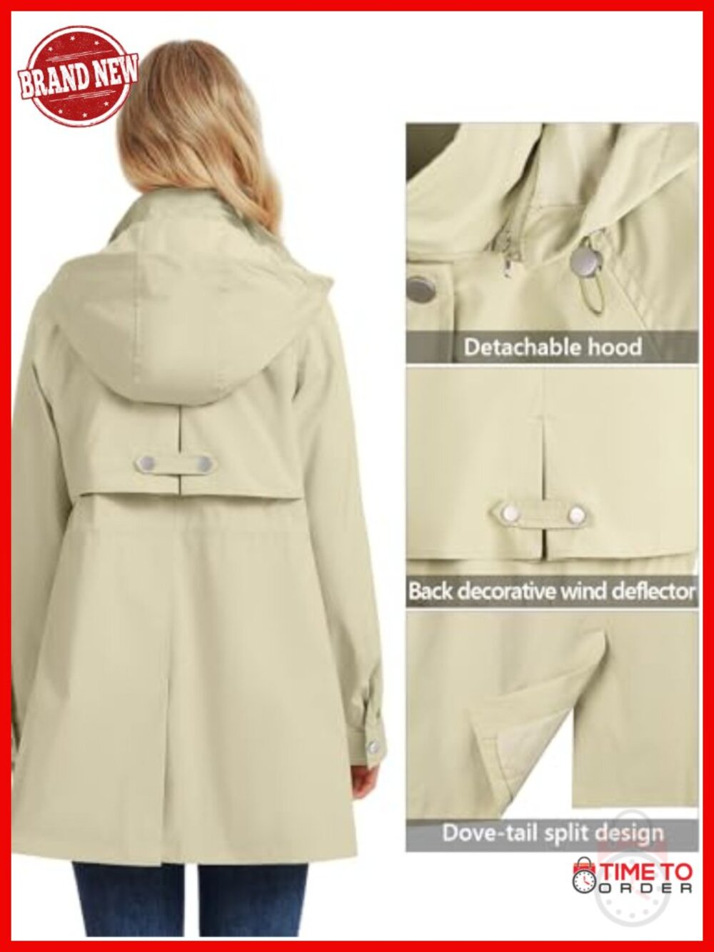 Women's Removable Hood Rain Jacket Waterproof Windbreaker 3-Layer PU Outdoor - Picture 4 of 6